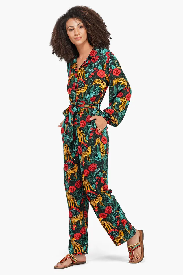 Women Jumpsuits America and Beyond Jaguar Dreams Animal Print Full Sleeves Jumpsuit
