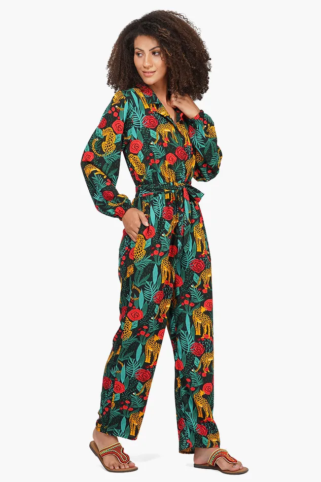 Women Jumpsuits America and Beyond Jaguar Dreams Animal Print Full Sleeves Jumpsuit