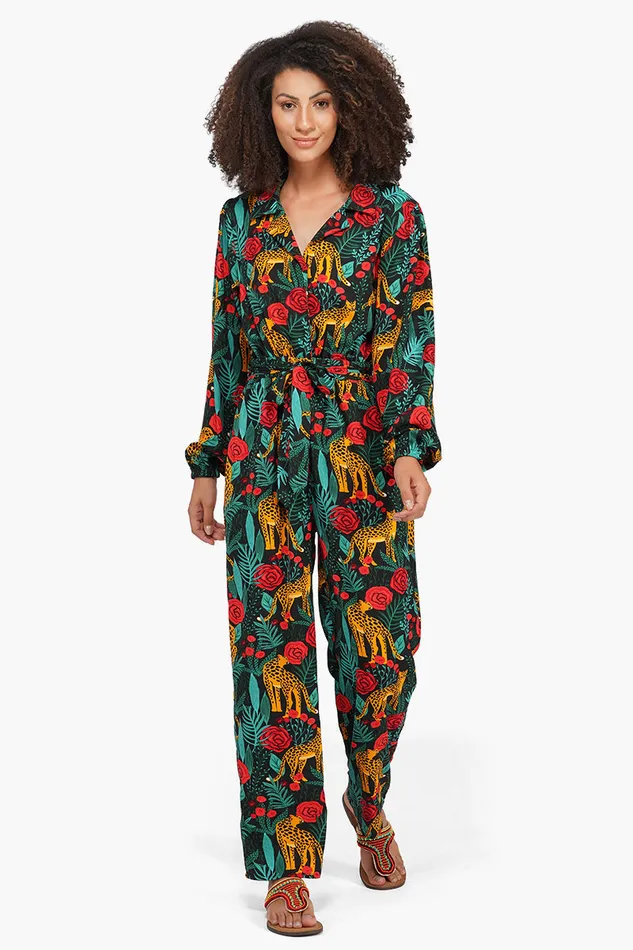 Women Jumpsuits America and Beyond Jaguar Dreams Animal Print Full Sleeves Jumpsuit