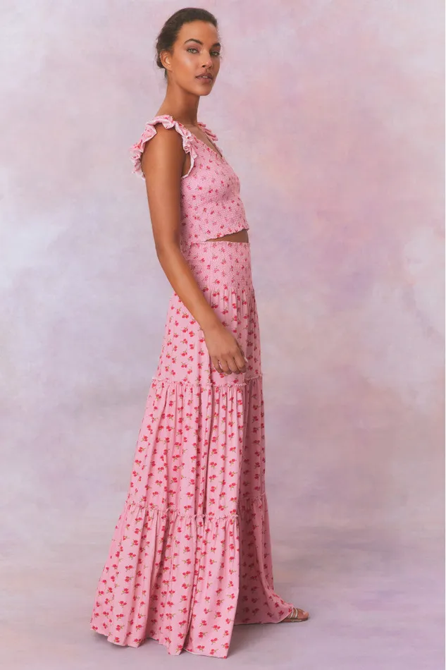 WomenKids LoveShackFancy Skirts Phia Floral Printed Smocked Maxi Skirt Cherry Pink