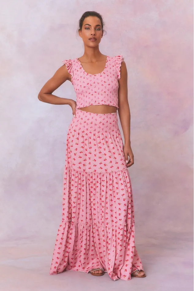 WomenKids LoveShackFancy Skirts Phia Floral Printed Smocked Maxi Skirt Cherry Pink