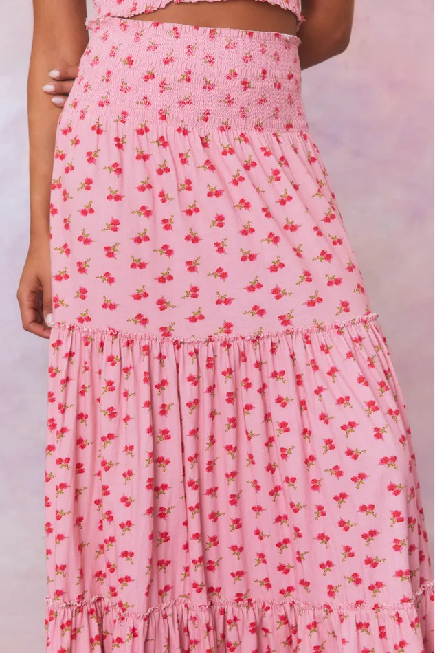 WomenKids LoveShackFancy Skirts Phia Floral Printed Smocked Maxi Skirt Cherry Pink
