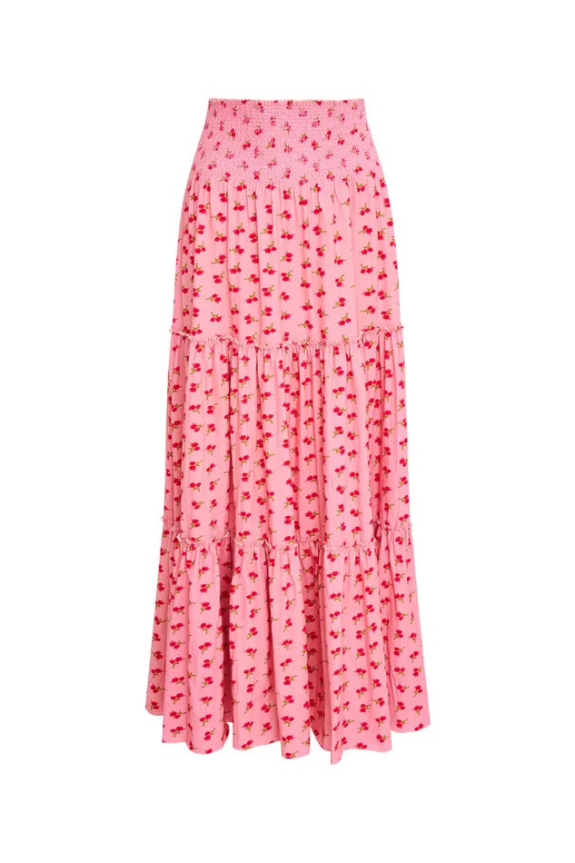 WomenKids LoveShackFancy Skirts Phia Floral Printed Smocked Maxi Skirt Cherry Pink