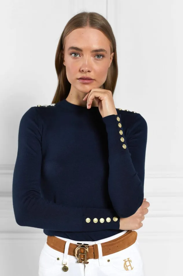 Women Knitwear Holland Cooper Buttoned Knit Crew Neck Ink Navy