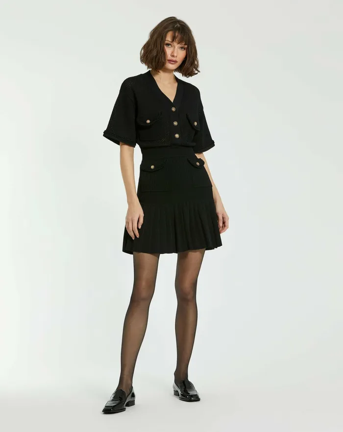 Women Knitwear Mac Duggal Short Sleeve Gold Button Front Crochet Knit Dress with Pleated Hem 8211 F Black Women Knitwear Mac Duggal Short Sleeve Gold Button Front Crochet Knit Dress with Pleated Hem 8211 F Black