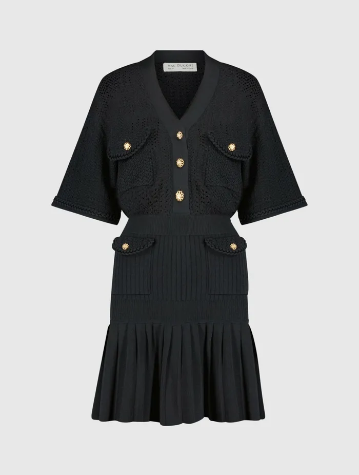 Women Knitwear Mac Duggal Short Sleeve Gold Button Front Crochet Knit Dress with Pleated Hem 8211 F Black
