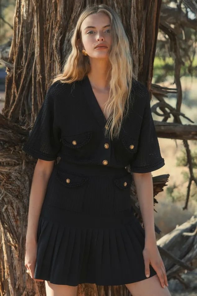 Women Knitwear Mac Duggal Short Sleeve Gold Button Front Crochet Knit Dress with Pleated Hem 8211 F Black