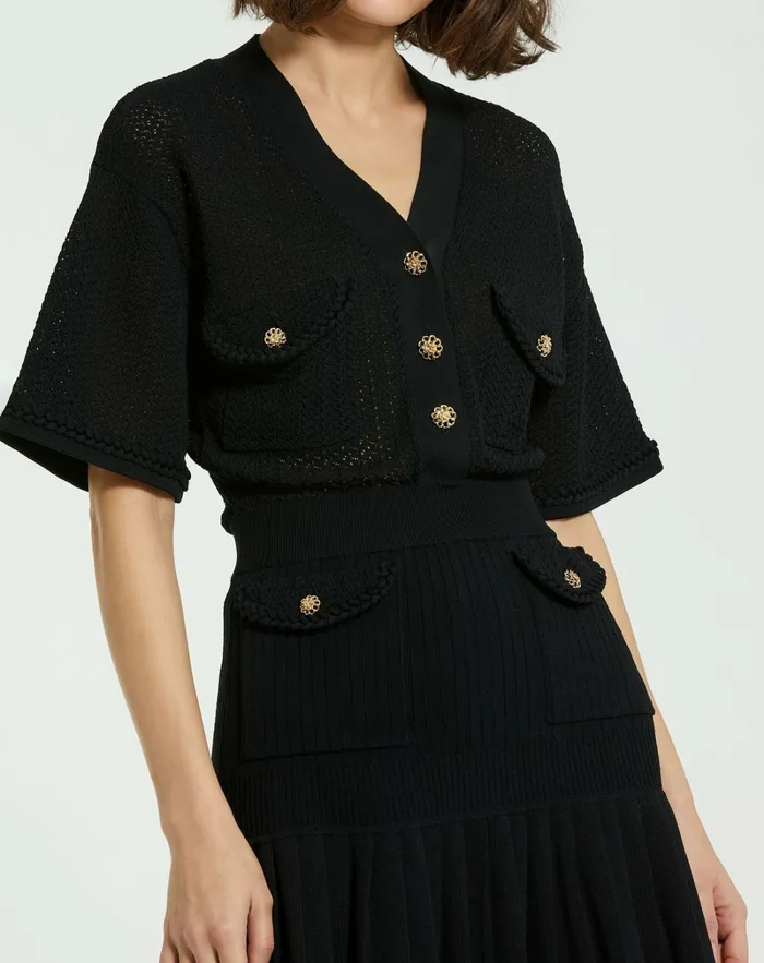 Women Knitwear Mac Duggal Short Sleeve Gold Button Front Crochet Knit Dress with Pleated Hem 8211 F Black