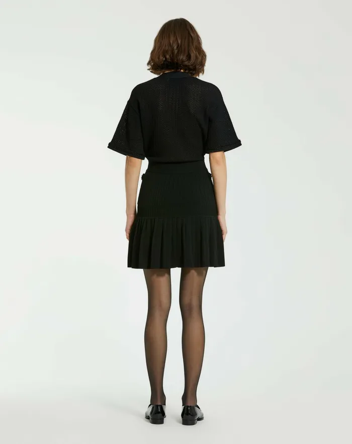Women Knitwear Mac Duggal Short Sleeve Gold Button Front Crochet Knit Dress with Pleated Hem 8211 F Black