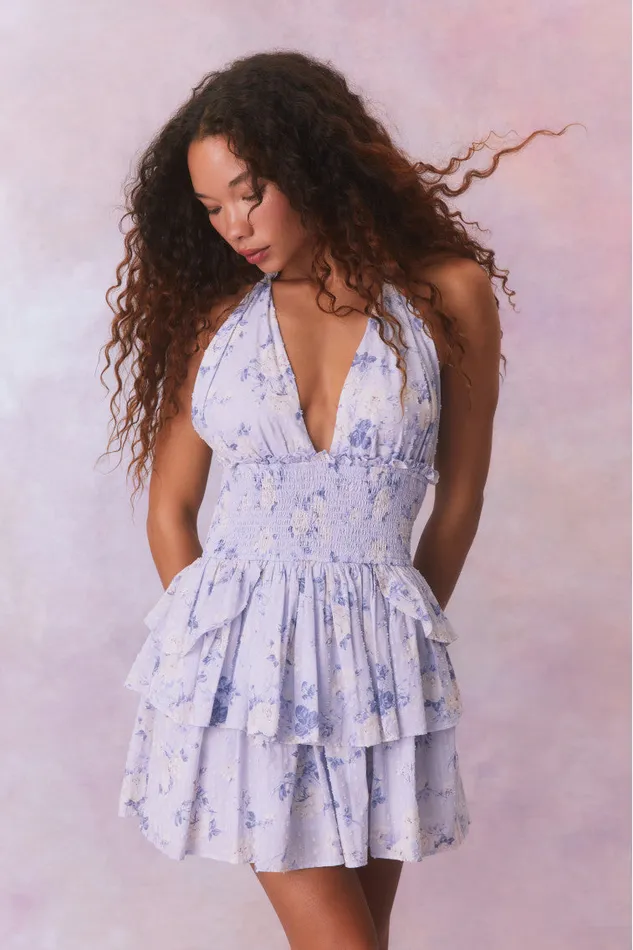 Women LoveShackFancy Dresses Deanna Fragrance Print Halter Mini Dress Whisper Blue Women LoveShackFancy Dresses Deanna Fragrance Print Halter Mini Dress Whisper Blue