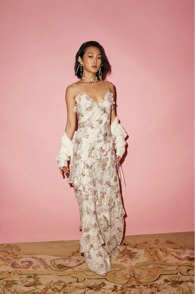 Women LoveShackFancy Dresses Rialto Floral Silk Maxi Dress Violet Whimsy