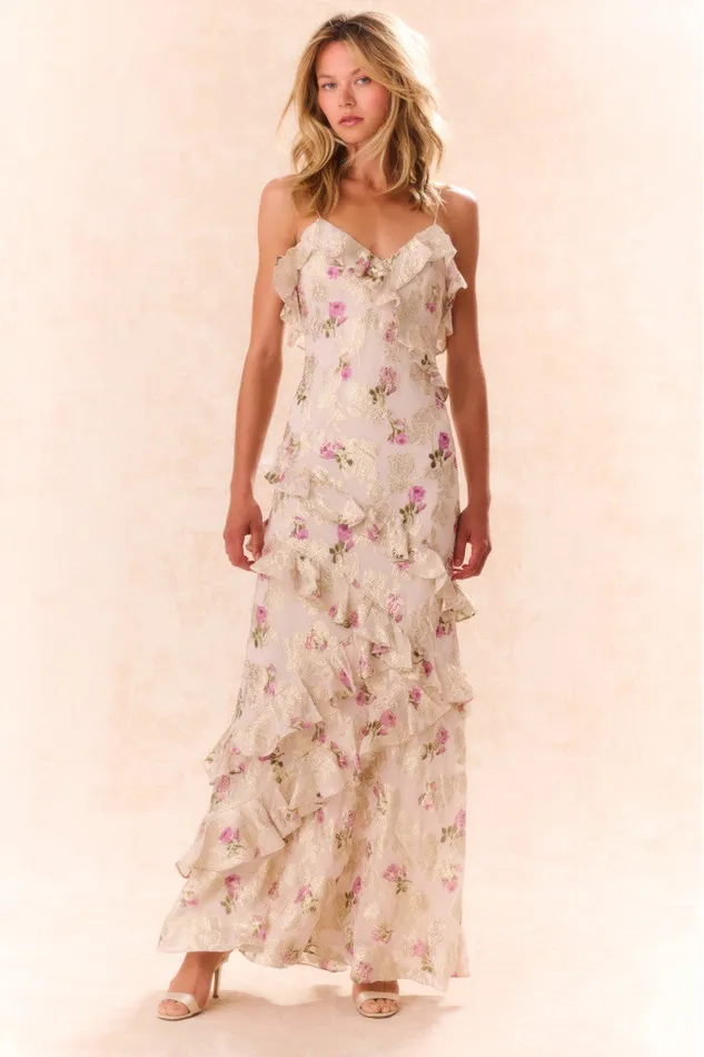 Women LoveShackFancy Dresses Rialto Floral Silk Maxi Dress Violet Whimsy