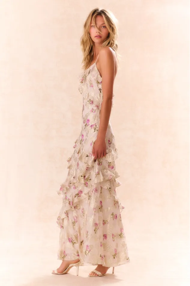 Women LoveShackFancy Dresses Rialto Floral Silk Maxi Dress Violet Whimsy