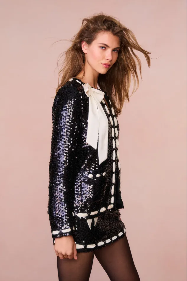 Women LoveShackFancy Jackets and Coats Rosina Ribbon Sequined Jacket Black