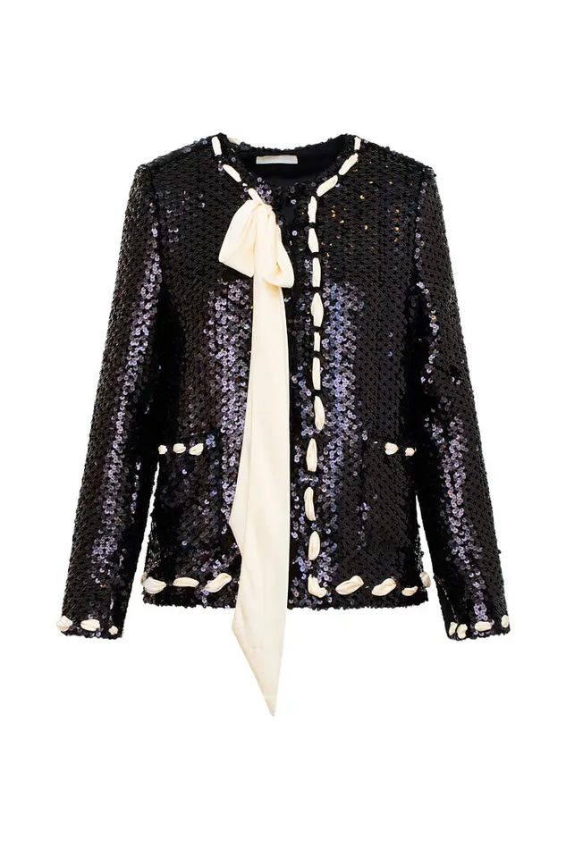Women LoveShackFancy Jackets and Coats Rosina Ribbon Sequined Jacket Black