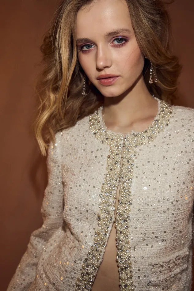 Women LoveShackFancy Jackets and Coats Vintra Embellished Tweed Jacket Cream