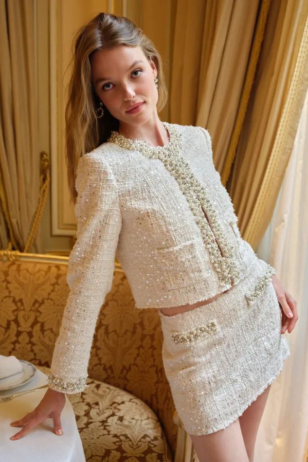 Women LoveShackFancy Jackets and Coats Vintra Embellished Tweed Jacket Cream