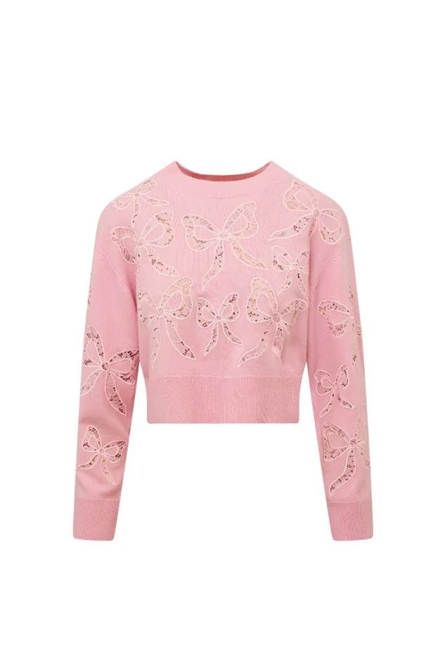 Women LoveShackFancy Sweaters Parson Bow Print Pullover Sweet Peony Women LoveShackFancy Sweaters Parson Bow Print Pullover Sweet Peony