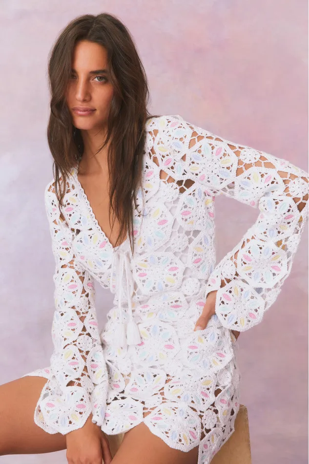 Women LoveShackFancy Swim Poemes Multi Colored Crochet Mini Dress Garden Petals Multi