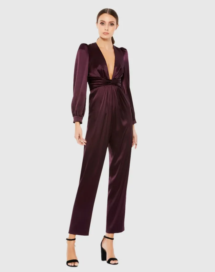 Women Mac Duggal Purple Front Twist Puff Sleeve Deep V Jumpsuit Plum Jumpsuits and Rompers Women Mac Duggal Purple Front Twist Puff Sleeve Deep V Jumpsuit Plum Jumpsuits and Rompers