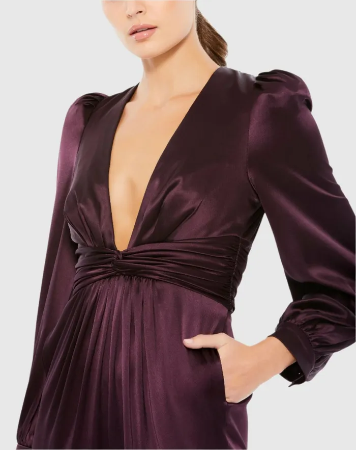 Women Mac Duggal Purple Front Twist Puff Sleeve Deep V Jumpsuit Plum Jumpsuits and Rompers