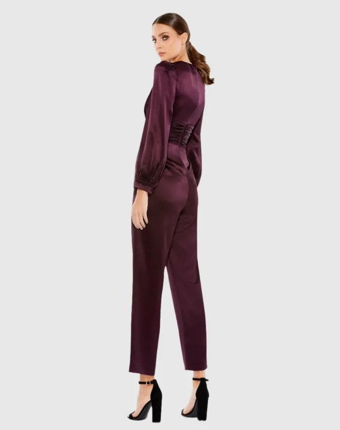 Women Mac Duggal Purple Front Twist Puff Sleeve Deep V Jumpsuit Plum Jumpsuits and Rompers