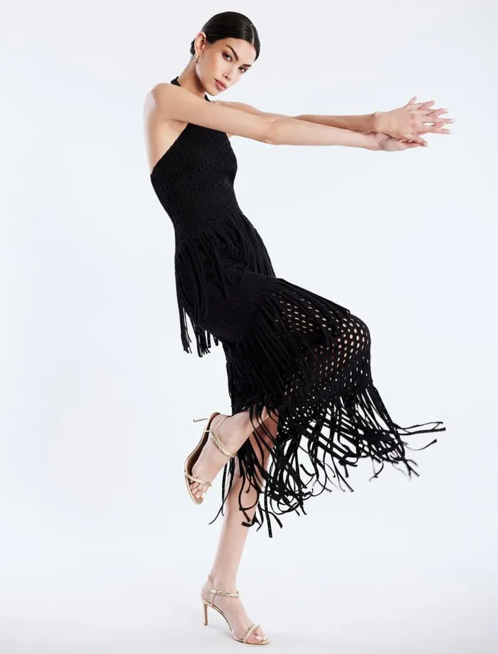 Women Maci Lace Fringe Midi Dress Black BCBG Dresses Women Maci Lace Fringe Midi Dress Black BCBG Dresses