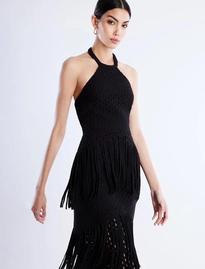 Women Maci Lace Fringe Midi Dress Black BCBG Dresses Women Maci Lace Fringe Midi Dress Black BCBG Dresses