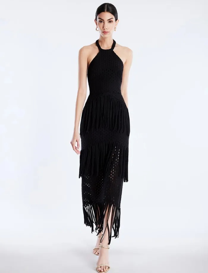 Women Maci Lace Fringe Midi Dress Black BCBG Dresses Women Maci Lace Fringe Midi Dress Black BCBG Dresses