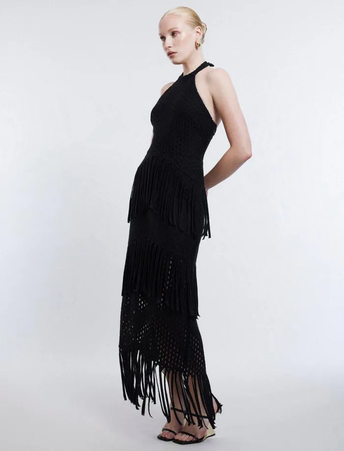 Women Maci Lace Fringe Midi Dress Black BCBG Dresses Women Maci Lace Fringe Midi Dress Black BCBG Dresses