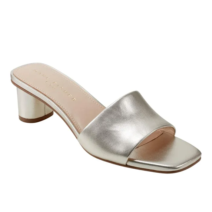 Women Marc Fisher Mules and Slides Nemmie Heeled Slide Sandal Platino Leather