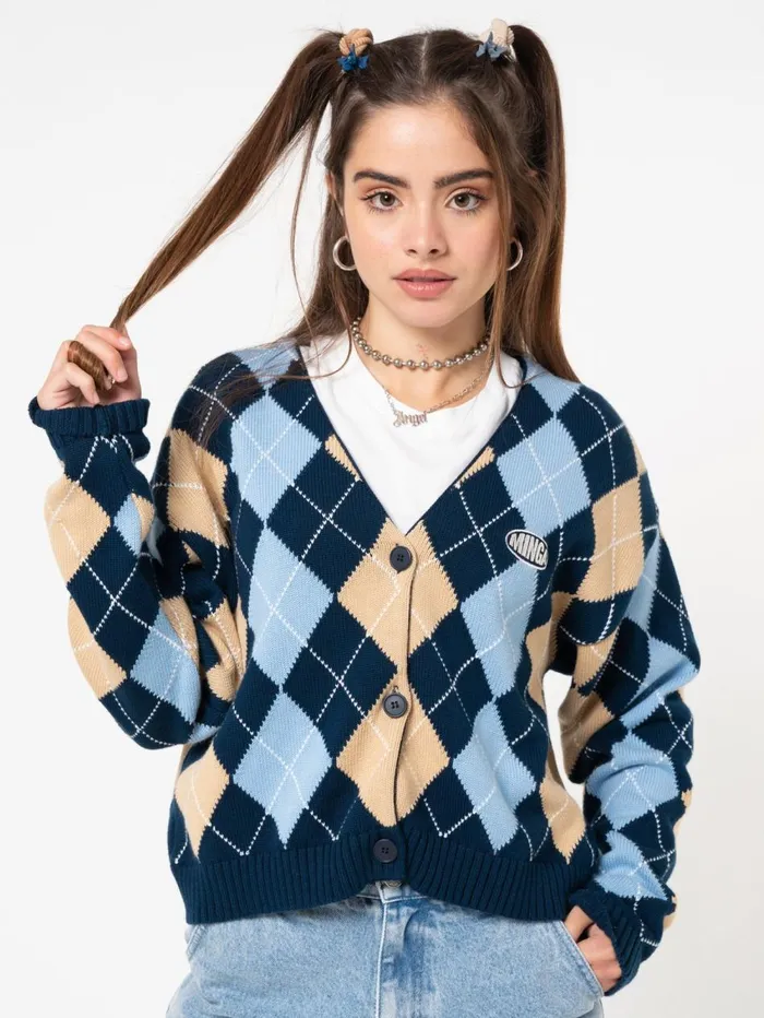 Women Minga London Jackets and Cardigans Blue Beige Argyle Knitted Cardigan