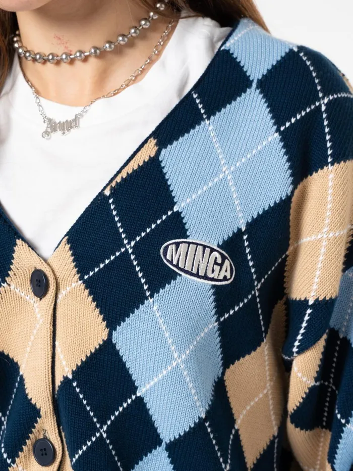 Women Minga London Jackets and Cardigans Blue Beige Argyle Knitted Cardigan