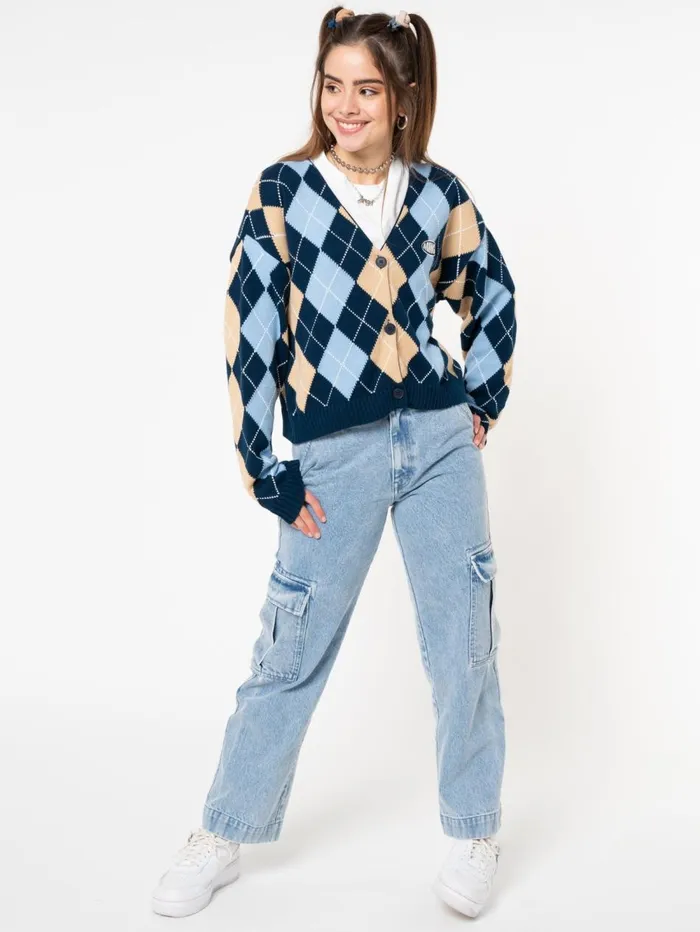 Women Minga London Jackets and Cardigans Blue Beige Argyle Knitted Cardigan