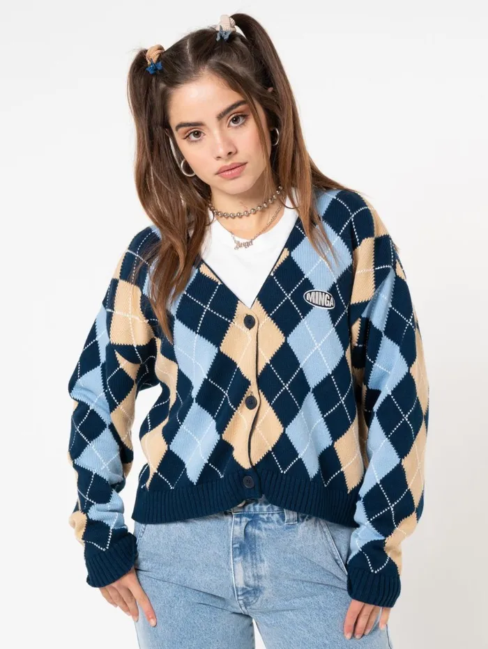 Women Minga London Jackets and Cardigans Blue Beige Argyle Knitted Cardigan