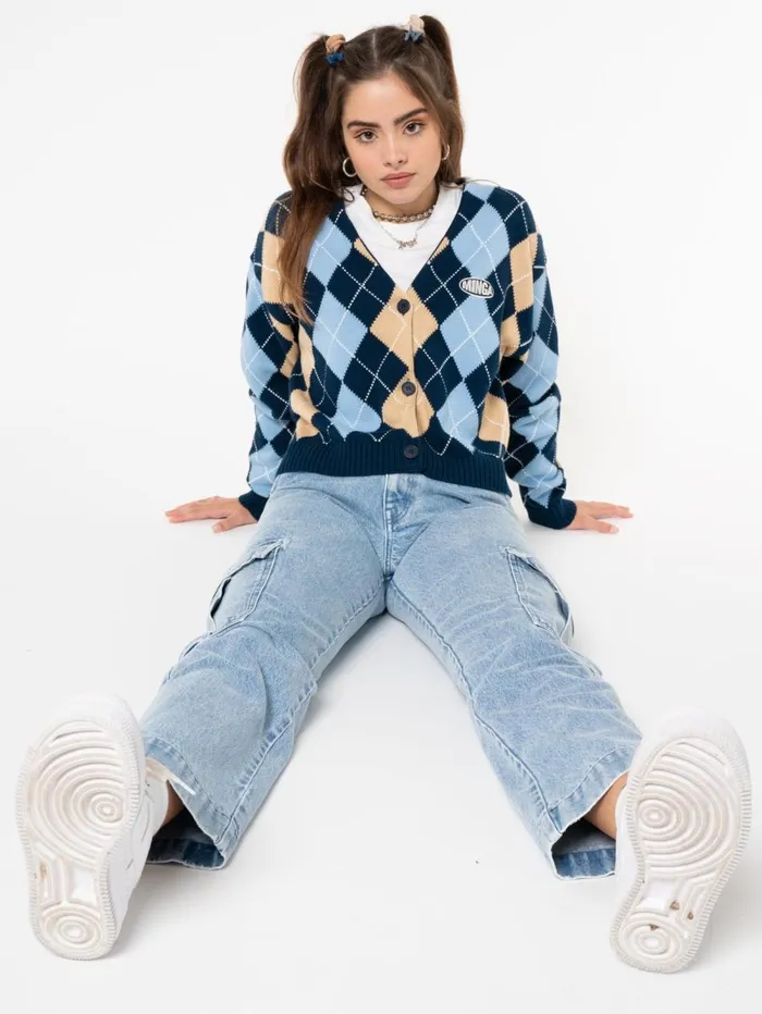 Women Minga London Jackets and Cardigans Blue Beige Argyle Knitted Cardigan