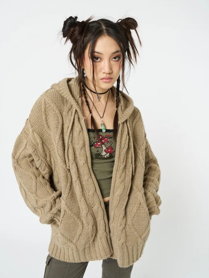 Women Minga London Jackets and Cardigans Eli Beige Zip Up Cable Knit Cardigan