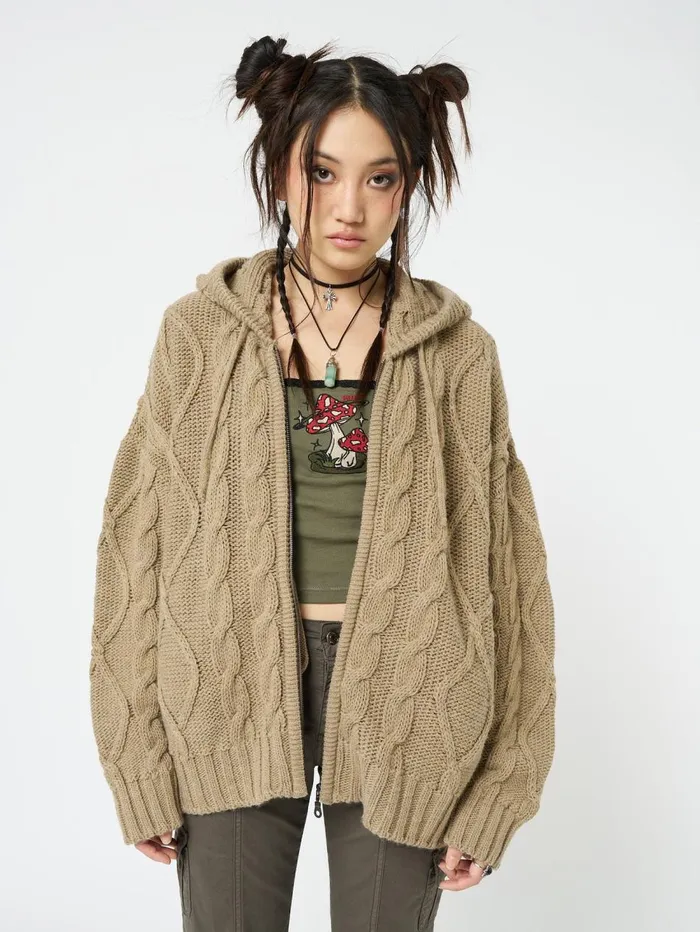 Women Minga London Jackets and Cardigans Eli Beige Zip Up Cable Knit Cardigan