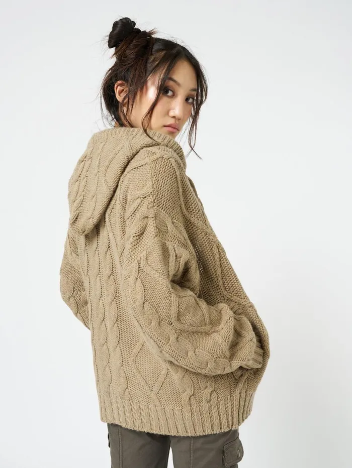 Women Minga London Jackets and Cardigans Eli Beige Zip Up Cable Knit Cardigan