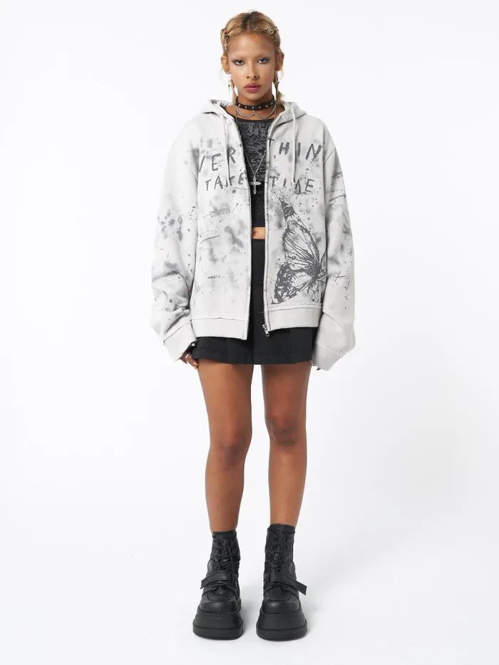 Women Minga London Jackets and Cardigans Stained Grey Zip Up Hoodie