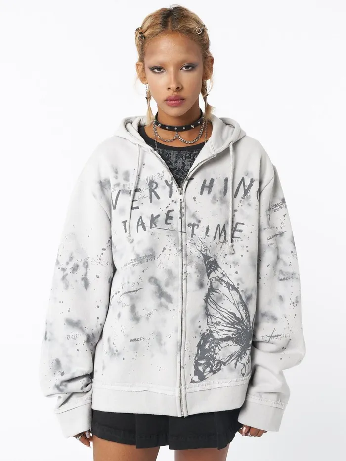 Women Minga London Jackets and Cardigans Stained Grey Zip Up Hoodie