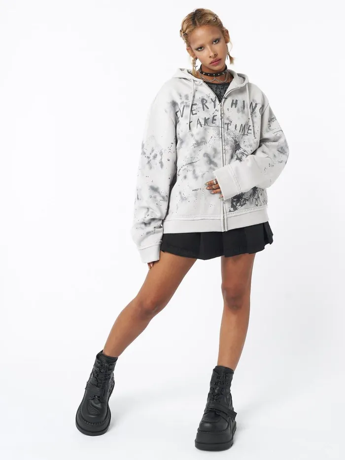 Women Minga London Jackets and Cardigans Stained Grey Zip Up Hoodie