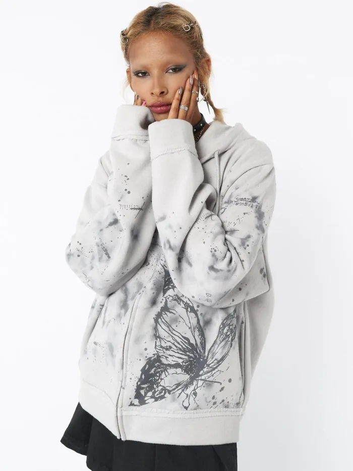 Women Minga London Jackets and Cardigans Stained Grey Zip Up Hoodie