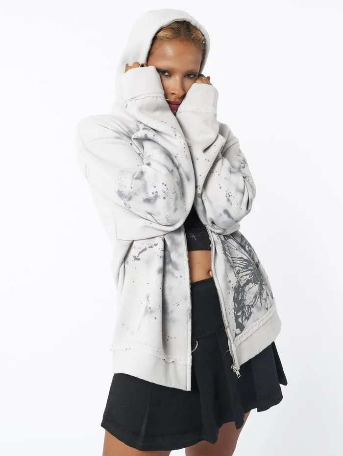 Women Minga London Jackets and Cardigans Stained Grey Zip Up Hoodie