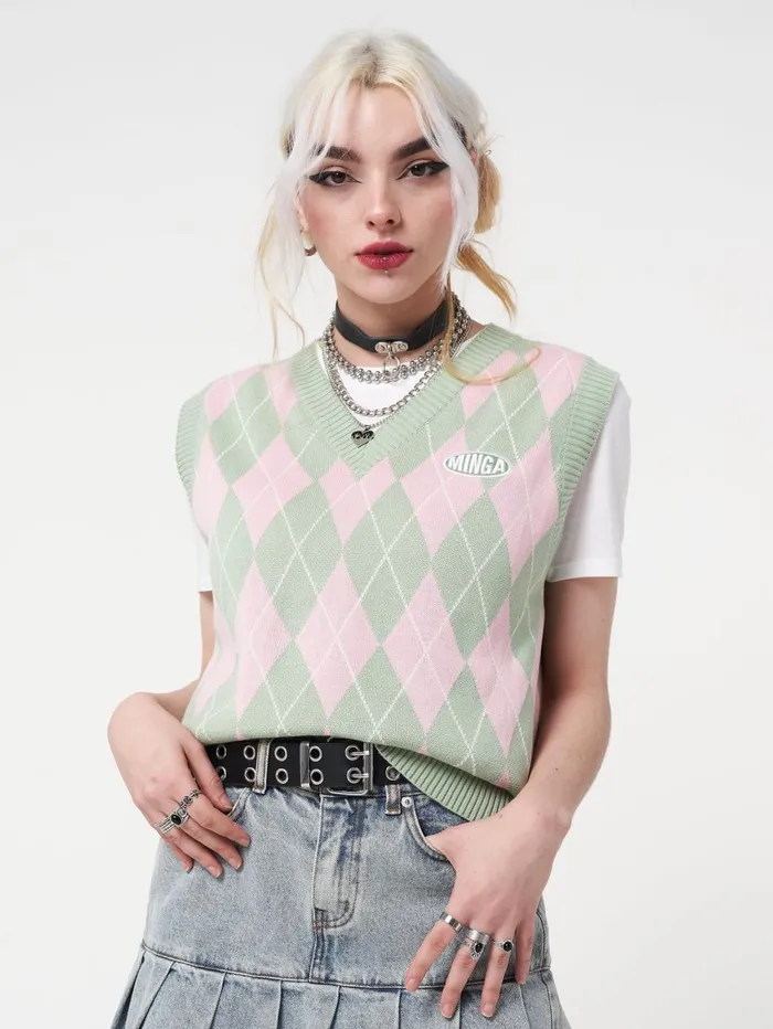 Women Minga London Knitwear Milkshake Argyle Knitted Sweater Vest