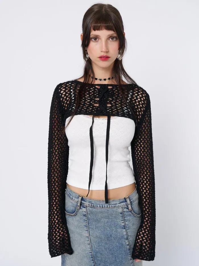 Women Minga London Knitwear Ramona Black Lace Up Knitted Shrug