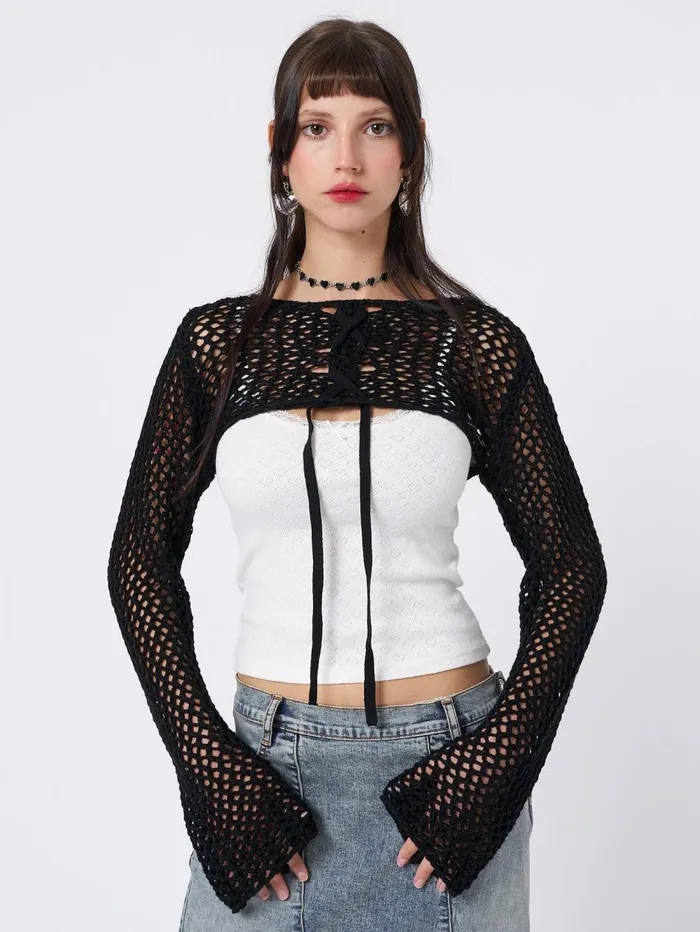 Women Minga London Knitwear Ramona Black Lace Up Knitted Shrug
