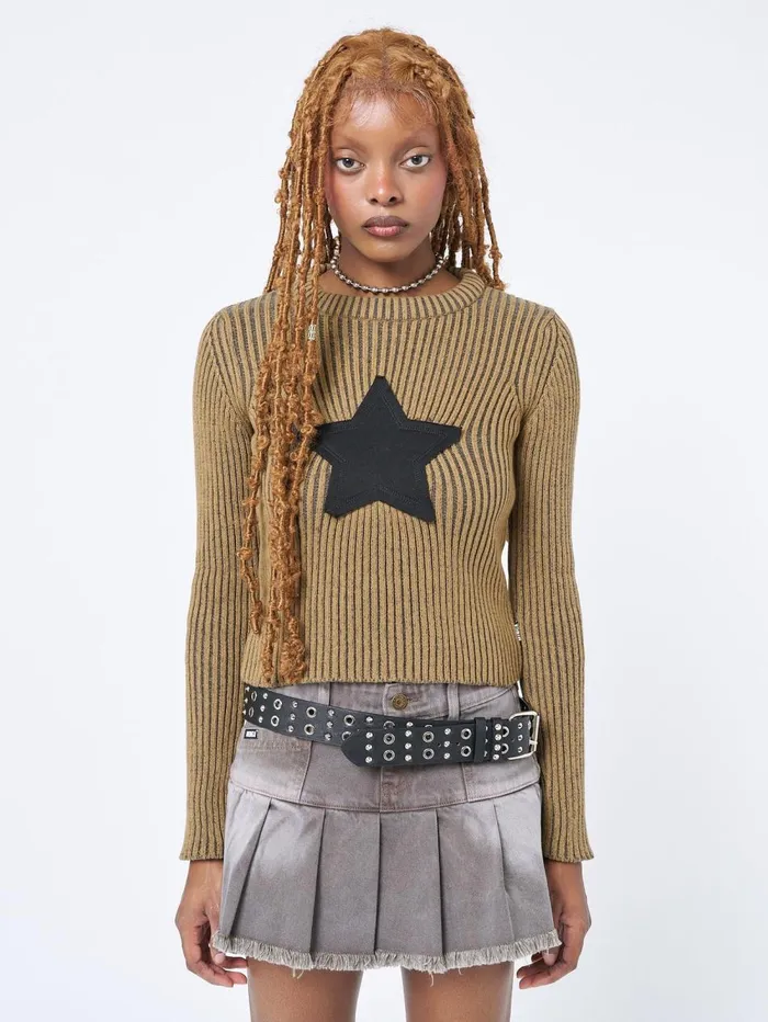 Women Minga London Knitwear Star Brown Chunky Knit Jumper