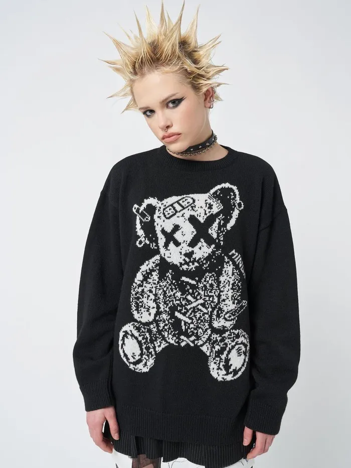Women Minga London Sweaters and Hoodies Broken Teddy Bear Jacquard Knit Jumper Women Minga London Sweaters and Hoodies Broken Teddy Bear Jacquard Knit Jumper