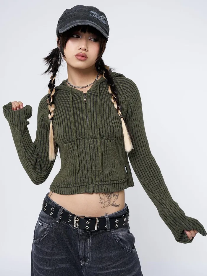 Women Minga London Sweaters and Hoodies Jinx Green Cropped Zip Hoodie Cardigan